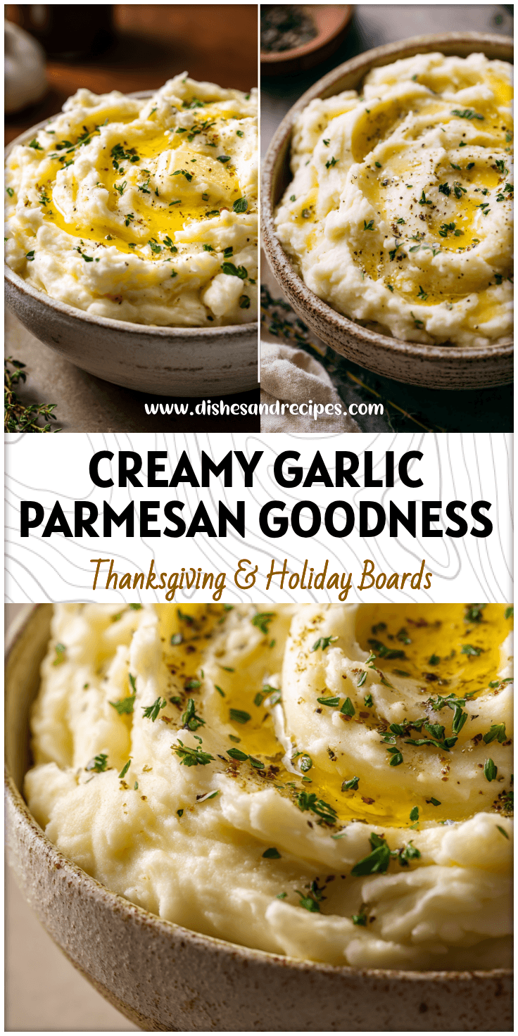 Creamy Garlic Parmesan Mashed Potatoes topped with melted butter and herbs served in a rustic bowl